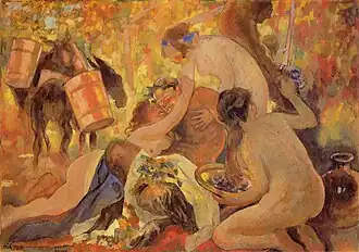 نقاشی تاریخی: باکانیلیا; 1924, tempera on cardboard, 69 × 98 cm, Lviv National Art Gallery.