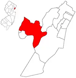 Map highlighting Kearny within Hudson County. Inset: Location of Hudson county highlighted in the State of New Jersey.