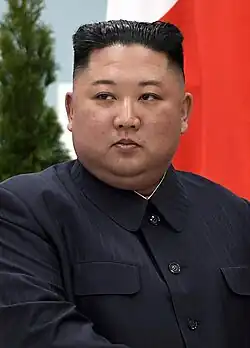 Kim Jong Un with a neutral expression at an event, 2019