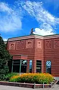 Detail showing the seven engravings over the front windows of the Knight Library, on the University of Oregon campus in Eugene, Oregon