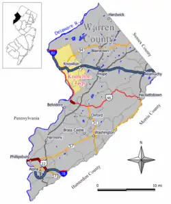 Map of Knowlton Township in Warren County. Inset: Location of Warren County in New Jersey.