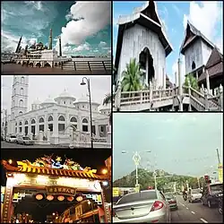 From top right clockwise: Terengganu State Museum, Tengku Mizan Road leading to the city, Chinatown, Abidin Mosque, and Crystal Mosque.