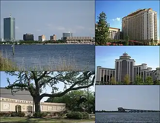 Clockwise from left: Downtown skyline; Golden Nugget Casino; L'Auberge du Lac Casino; Israel LaFleur Bridge; McNeese State University entrance plaza.