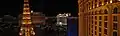 Panoramic shot of لاس وگاس ولی from the Paris hotel, showing the Bellagio hotel fountain, Eiffel tower (at Paris hotel) and Caesars palace