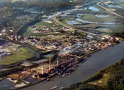 Lawrenceburg from the air, looking northwest. Tanner's Creek Generating Station is at bottom left,
