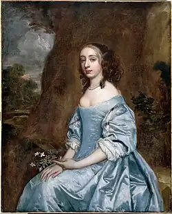 پیتر لیلی: Portrait of a Lady in Blue holding a Flower