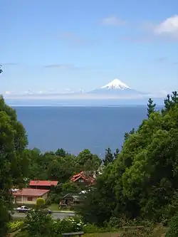 View to Lake Llanquihue and volcano Osorno from Frutillar village.
