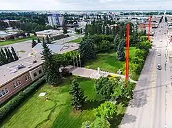 An aerial view of Lloydminster City Hall looking North along the Alberta / Saskatchewan border
