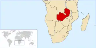 Location of Northern Rhodesia in Southern Africa.
