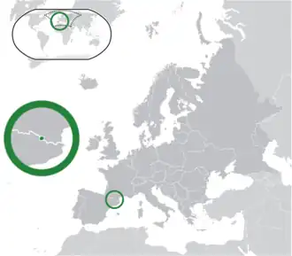 موقعیت &nbsp;آندورا&nbsp;&nbsp;(centre of green circle)در اروپا&nbsp;&nbsp;(dark grey)&nbsp; —&nbsp; [Legend]