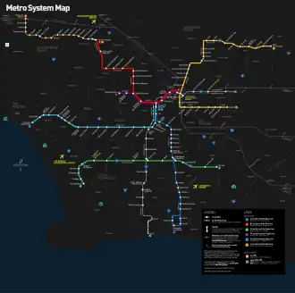 A map of the five train lines (Metro Rail) and two rapid bus lines (Metro Busway) in the Los Angeles County Metropolitan Transportation Authority system. There are a red line and a purple line going from east to west in the upper part of the map and a gold line in the northeast corner. There is a blue line going from north to south in the middle of the map, and a green line going from east to west near the bottom.