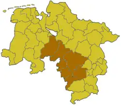 نقشهٔ ایالت Lower Saxony؛ قسمت روشنشده، former منطقهٔ دولتی هانوفر (منطقه) را نشان میدهد.