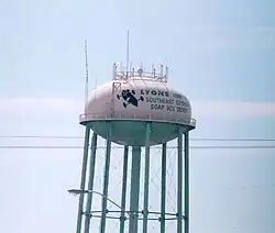 Lyons' water tower, celebrating the city's role in the Soap Box Derby