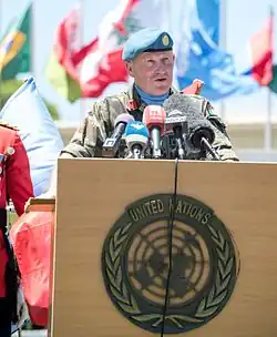 Major General Beary speaking in Lebanon as Force Commander of UNIFIL