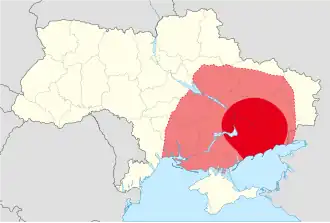 Location of the Free Territory (red) and other Makhnovist-controlled areas (pink) in present-day اوکراین (tan)