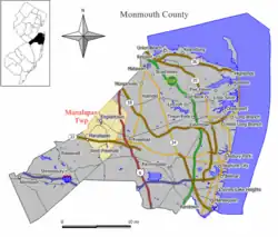 Map of Manalapan Township in Monmouth County. Inset: Location of Monmouth County highlighted in the State of New Jersey.