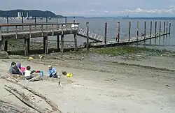 The public pier and waterfront at Manchester during a summer low tide. باین بریدج ایسلند، واشینگتن is in the background on the left, and سیاتل، واشینگتن is far away in the right.