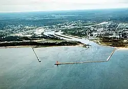 Aerial view of Manistique. The Manistique River flows into Lake Michigan through the center of the city