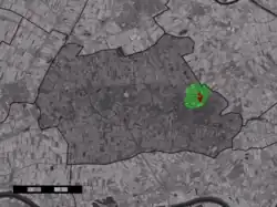 The village centre (red) and the statistical district (light green) of Buurmalsen in the municipality of Geldermalsen.