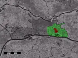 The town centre (red) and the statistical district (light green) of Dodewaard in the municipality of Neder-Betuwe.