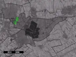 The village centre (dark green) and the statistical district (light green) of Middelburg in the municipality of Reeuwijk.