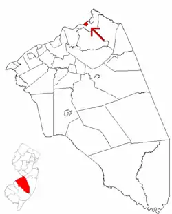 Fieldsboro highlighted in Burlington County. Inset map: Burlington County highlighted in the State of New Jersey.
