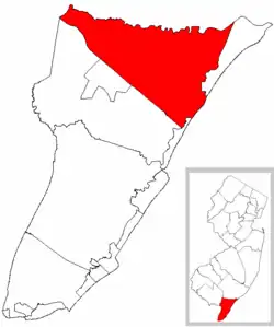 Upper Township پررنگ شده در شهرستان کاپ می. Inset نقشه: شهرستان کاپ می پررنگ شده در ایالت نیوجرسی.