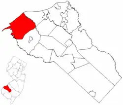 Logan Township highlighted in Gloucester County. Inset map: Gloucester County highlighted in the State of New Jersey.