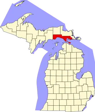 نقشهٔ میشیگان که Mackinac County در آن مشخص شده است