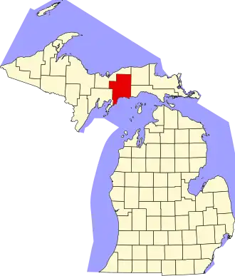 نقشهٔ میشیگان که Schoolcraft County در آن مشخص شده است