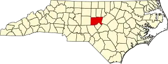 نقشهٔ کارولینای شمالی که Chatham County در آن مشخص شده است