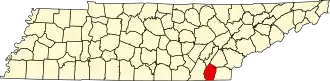 نقشهٔ تنسی که Bradley County در آن مشخص شده است