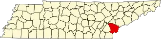 نقشهٔ تنسی که Monroe County در آن مشخص شده است
