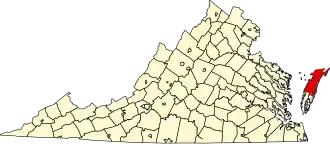 نقشهٔ ویرجینیا که Accomack County در آن مشخص شده است