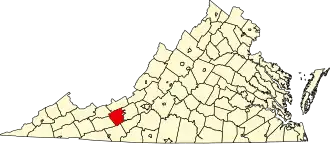نقشهٔ ویرجینیا که Pulaski County در آن مشخص شده است