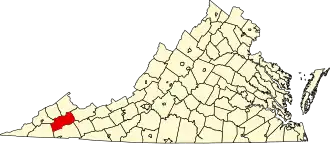 نقشهٔ ویرجینیا که Russell County در آن مشخص شده است