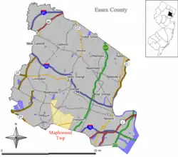 Map of Maplewood in Essex County. Inset: Location of Essex County highlighted in the State of New Jersey.