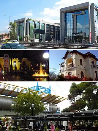 From top left:Kifisias avenue,Syntrivaniou square,Neoclassical houses,The Square at the Train Station
