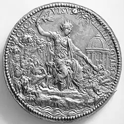 Reverse of the marriage medal of Mary I, inscribed CECIS VISVS TIMIDIS QVIES - "Sight for the Blind, Tranquility for the Fearful".