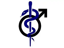 Symbol of Mars, representing men and symbol of the staff of Hermes, representing medicine