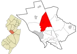 Lawrence Township highlighted in Mercer County. Inset map: Mercer County highlighted in the State of New Jersey.