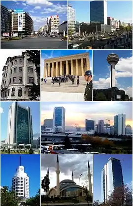 "از چپ به راست:"" اول و دوم: نماهای میدان کیزیلای، سوم: ساختمان BDDK، چهارم:آنت‌کابیر، پنجم: برج آتاکوله، ششم: پایانه اتوبوس بین شهری آنکارا، هفتم:شرایتون آنکارا، هشتم:موزه مجسمه‌سازی و هنر دولتی، نهم: آسمان‌خراش‌های بالگات در چانکایا.