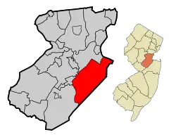 Map of Old Bridge Township in Middlesex County. Inset: Location of Middlesex County highlighted in the State of New Jersey.