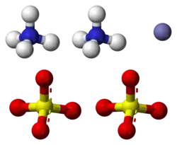 Ball-and-stick model of the component ions of ammonium iron(II) sulfate, showing two ammonium cations (top-left), one iron(II) cation (top-right) and two sulfate anions (bottom).