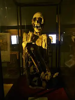 جسد مومیایی شده یک فرد که در حالت چمباتمه دیده می‌شود.