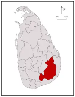 Area map of Monaragala District, located east of the centre of the country, has its south eat border extending towards the west, in the Uva Province of Sri Lanka