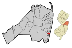 Map of Belmar in Monmouth County. Inset: Location of Monmouth County highlighted in the State of New Jersey.