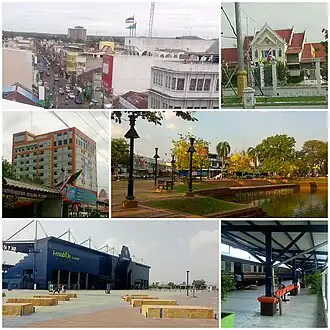 Clockwise from top: Downtown Buriram featuring the Sang Rung Interpark Hotel, Buriram Old Town Hall, Romburi Park, Buriram Railway Station، ورزشگاه نیو آی-موبایل و Buriram General Hospital.
