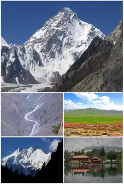 از بالا در جهت عقربه‌های ساعت: کی۲ - دره استور - نانگا پاربات - Shangrila Resort, Skardu - Deosai Plateau
