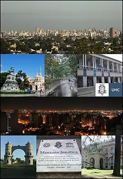 از بالا چپ : Cityscape taken from Naciones Park, San Martin Square, La Cañada Glen, Argentina Pavilion from National University of Córdoba, Cityscape at night taken from Nueva Cordoba neighborhood, Arch of Córdoba, Plaque commemorating the designation of the Jesuit block as میراث جهانی یونسکو in 2000, Evita Fine Arts Museum.